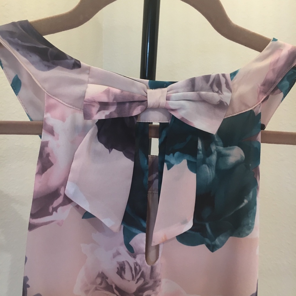 Cocktail dress in pink, cream, purple & turquoise.